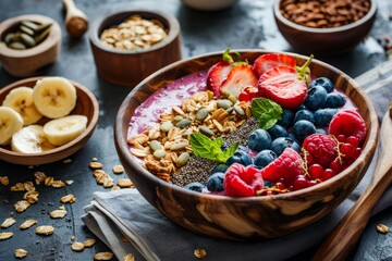 Nutritious breakfast bowl with acai smoothie granola seeds and fresh fruits Emphasizing clean eating dieting detox and plant based food
