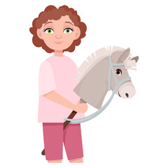 Cute young girl with toy horse head for hobbyhorsing