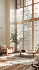 Modern minimalist living room with wooden furniture and large windows, serene and cozy interior
