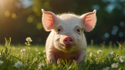 Fototapeta premium Cute pig on the lawn in summer