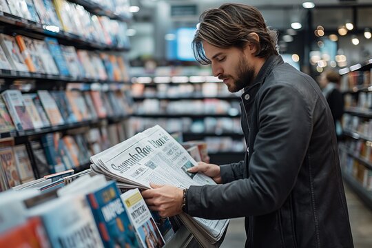 A young man is leaning on a bookstore shelf with newspapers in hand, focused on reading