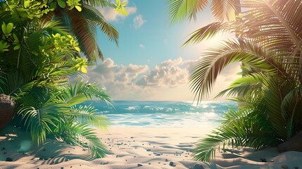 advertising template with palm leaves and summer beach scene design, 3D illustration.