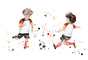 Football player young sportsman hand drawn with watercolor ball and red black yellow watercolor shapes spray. Boy play football in uniform. Isolated hand drawing illustration of a soccer game. © Ekatmart