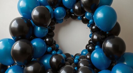 Fototapeta premium Vibrant black and blue balloon arch decoration forming a circular shape, perfect for festive party backgrounds, celebrations, and event decor