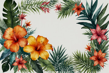 Watercolor exotic flowers frame. Tropical jungle plants border on white background. Simple minimalistic design for card, invitation, poster, save the date, wedding or greeting