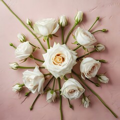 White roses and buds on a pink background flat lay top view pastel floral background