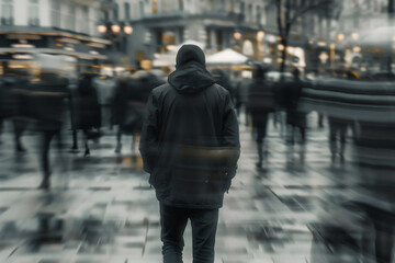 Fototapeta premium Lonely man on a busy city street. People walk past him. Photo generated using AI