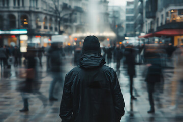 Fototapeta premium Lonely man on a busy city street. People walk past him. Photo generated using AI