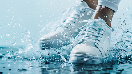 Close-up of waterproof sneakers splashing in water, showcasing their water-resistant capabilities.