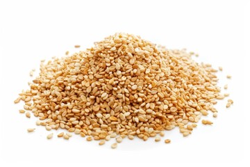 Pile of hulled sesame seeds on white background