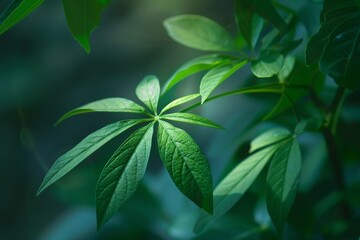 Obraz premium Lush leafy plant with intricate green leaves highlighted by soft sunlight, representing health and lush growth in a serene environment