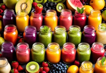 vibrant smoothies mason jars colorful fruits fresh ingredients, healthy, nutritious, delicious, blend, glass, drink, beverage, assortment, variety, organic