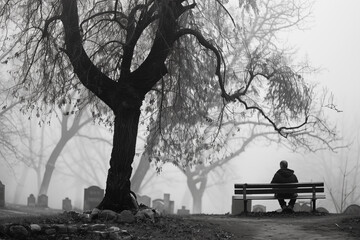 A lonely man sits on a bench in a cemetery. Sad moment. Photo generated using AI