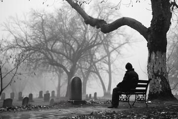 A lonely man sits on a bench in a cemetery. Sad moment. Photo generated using AI
