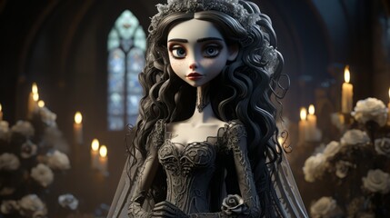 3d cartoon character Gothic bride in a dress and veil with black lace in a church. Halloween wedding, marriage.