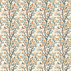 Fototapeta premium Seamless Pattern of Birds and Flowers on Tree Branches