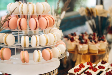 Buffet wedding table, pink and white macaroons