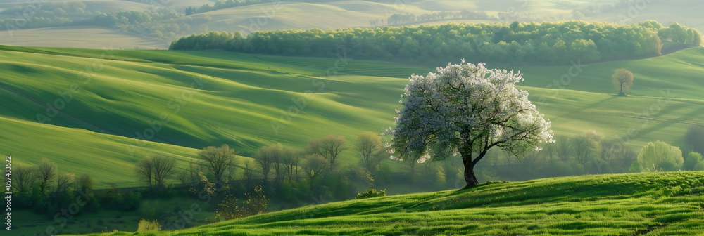 Wall mural lonely flowering tree against the backdrop of green hills. Photo generated using AI