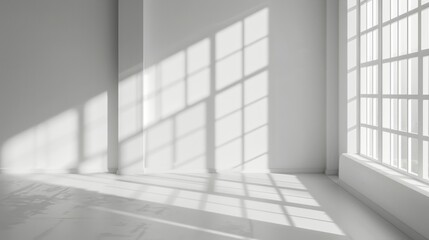 A minimalistic room with white walls, a large window, and sunlight casting intricate shadow patterns on the floor.