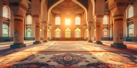 Obraz premium Scenic mosque interior with natural light ornate decor and intricate carpets. Concept Islamic Architecture, Lighting Techniques, Ornate Decor, Intricate Carpets