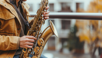 Obraz premium Detailed shot of hands professionally manipulating the keys of a saxophone, showcasing the intricacies of playing this brass instrument
