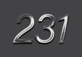Chrome metal 3D number design of 231 on grey background.
