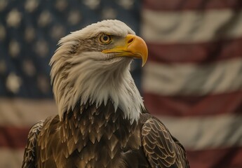 Obraz premium The bald eagle perched on the American flag background The background has a blurred bokeh effect Generative AI