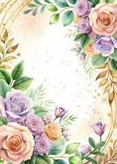 Floral Border Design with Golden Frame for Invitations or Stationery