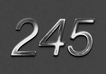 Chrome metal 3D number design of 245 on grey background.