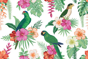 Tropical vintage palm leaves, pink hibiscus flower, green parrot floral seamless pattern white background. Exotic jungle wallpaper.