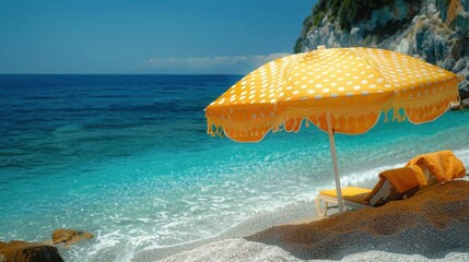 A vibrant beach scene featuring a yellow polka dot umbrella and an orange lounge chair on the shore, overlooking the clear turquoise waters and rocky cliffside. - Powered by Adobe