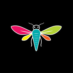 Simplistic colourful multi coloured bug on black background