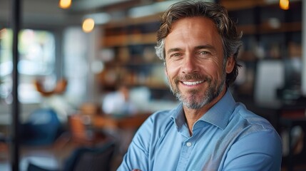 Obraz premium A man with a friendly smile stands in a modern indoor environment, crossing his arms. The scene highlights his calm and confident attitude in a professional setting.