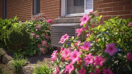 Fototapeta premium A close-up shot of an air conditioner unit placed beside a bouquet of flowers