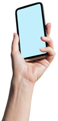 woman's hand holding smartphone with blank copy space screen for your text message or promotional content,transparent, png
