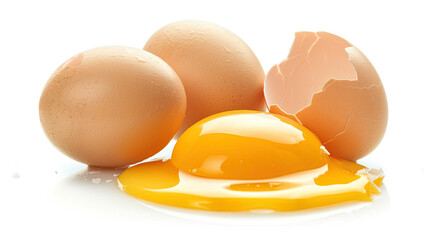Chicken Eggs and Half-Broken Egg with Yolk Isolated on White Background