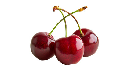 Close-up of three ripe cherries on a transparent background. PNG image.