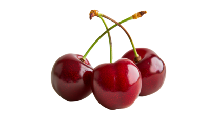 Close-up of three ripe cherries on a transparent background. PNG image.