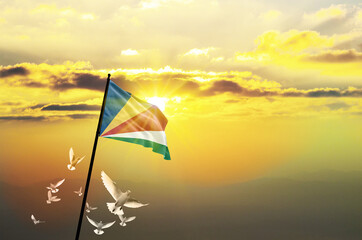 Seychelles flag waving with flying doves against sunset or sunrise. Seychelles flag for Republic Day and Independence Day.