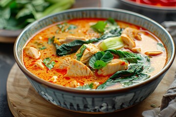 Spicy Thai soup with chicken and greens