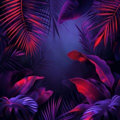 A vibrant, dark jungle scene illuminated by neon purple and red lights, showcasing various tropical palm leaves and foliage.