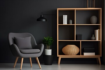 Modern Living Room, Grey Barrel Chair, Window, Wooden Shelving Unit, Cabinet, Dark Wall, Scandinavian Style Interior Design
