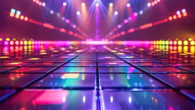 A vibrant and colorful disco dance floor illuminated by glowing lights. The floor features bright, multicolored tiles and is surrounded by rows of lights, creating a lively and energetic atmosphere.