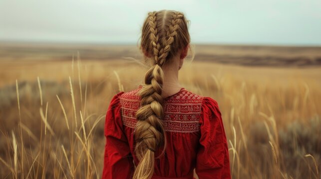 A woman stands in a field, her long braid flowing behind her