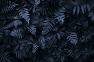 A captivating and dense jungle foliage composed of various ferns and other leaves, accentuated by a dark greenish-blue background, creating a mystical and serene ambiance in nature.