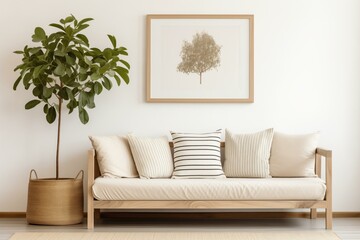 A modern, rustic sofa adorned with neutral-colored cushions is placed next to a potted houseplant. The setting is minimalistic with a beige wall backdrop, complemented by a framed artwork