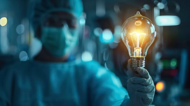 healthcare in medical technology concept, medicine doctor hold the light bulb in hospital which hope of life to recover patient from corona virus 19, covid-19 with hospital background