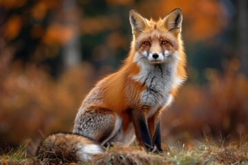 A cute Fluffy red fox sitting on the grass lost in wildlife nature habitat Generative AI