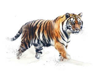 Obraz premium A tiger walks through the snow-covered area on a white background, providing a serene and peaceful atmosphere