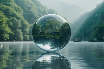 Mystical Water Sphere in Forest Reflection